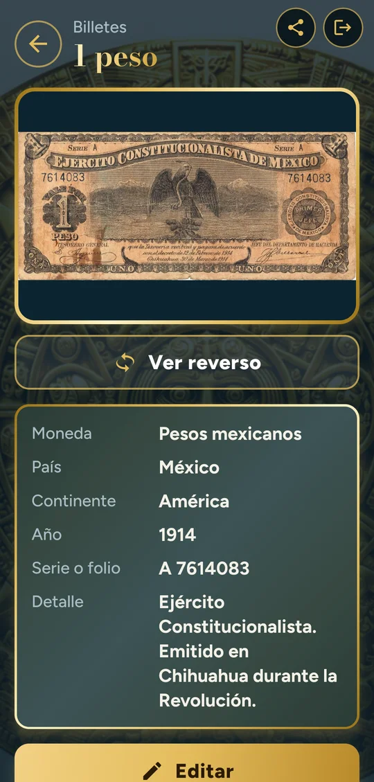 Ficha con los datos de un billete